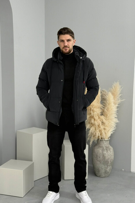 ONE COLOR FLUFFY HOODED MEN PUFFER JACKET DARK GREY/GEE - 7