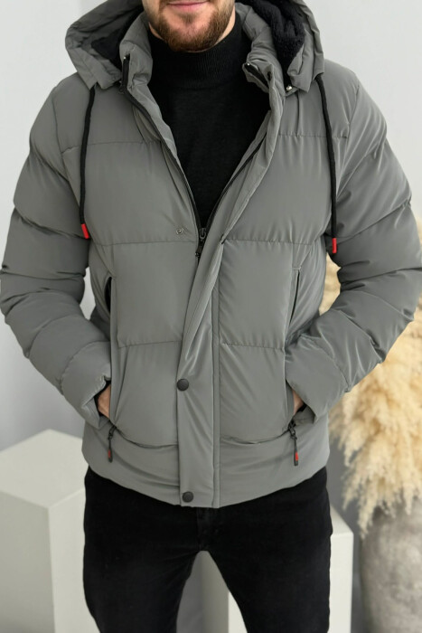ONE COLOR FLUFFY HOODED MEN PUFFER JACKET GREY ASH/GRI HIRI 