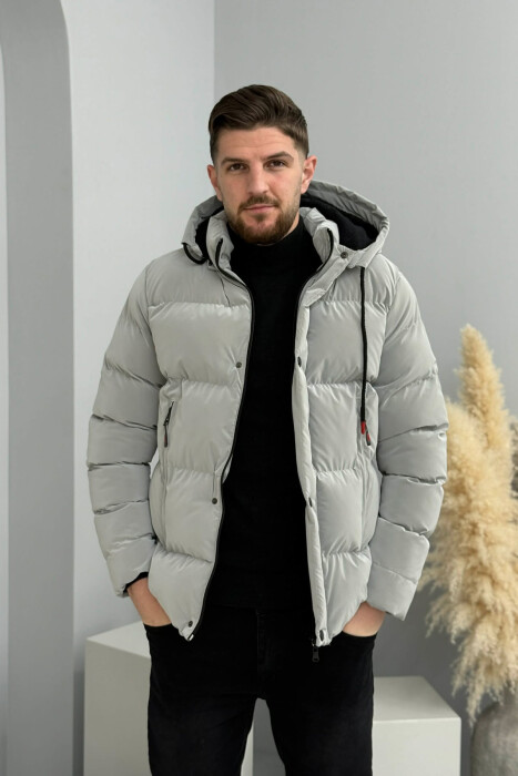 ONE COLOR FLUFFY HOODED MEN PUFFER JACKET GREY/GRI - 3