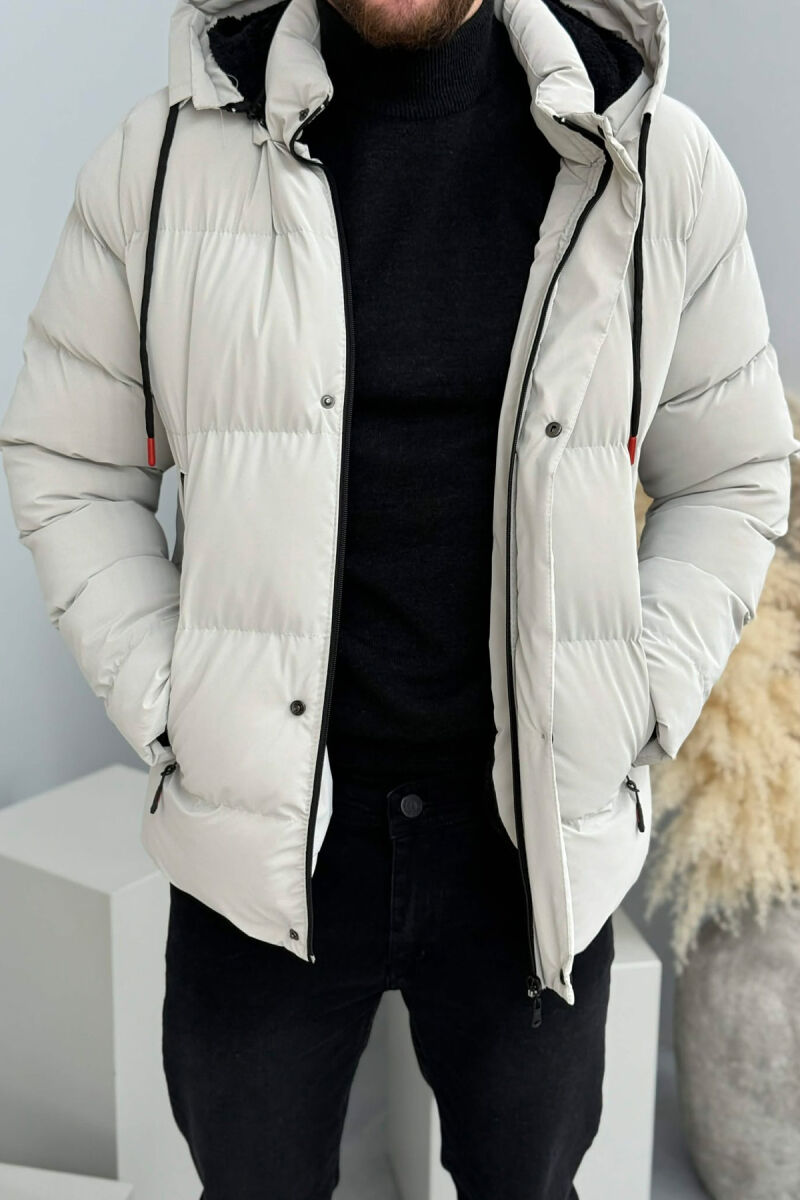 ONE COLOR FLUFFY HOODED MEN PUFFER JACKET LIGHT GREY/GZ - 1
