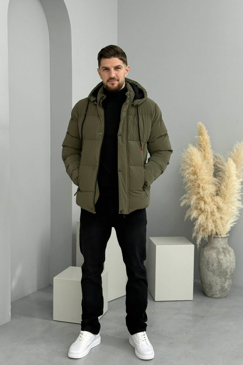 ONE COLOR FLUFFY HOODED MEN PUFFER JACKET OLIVE/ULLI - 4