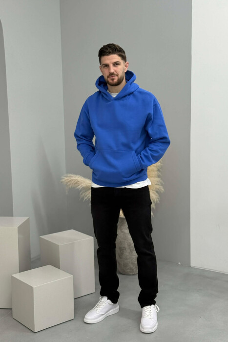 ONE COLOR FLUFFY MEN HOODIE BLUE/BLU - 2