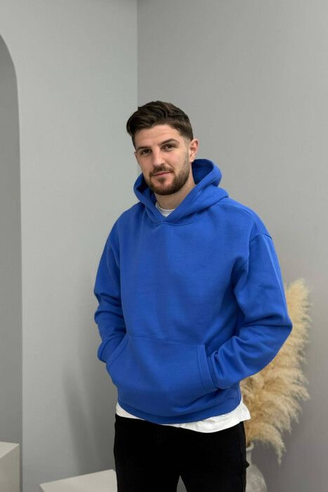 ONE COLOR FLUFFY MEN HOODIE BLUE/BLU - 3