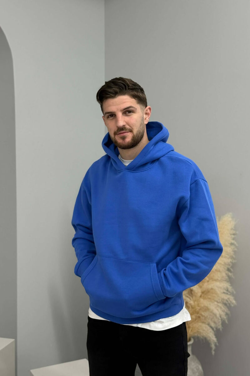 ONE COLOR FLUFFY MEN HOODIE BLUE/BLU - 3