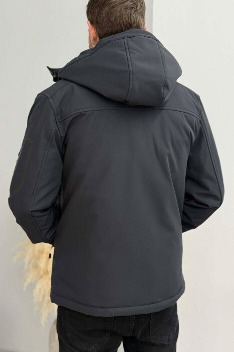 ONE COLOR FLUFFY SIDE POCKET MEN PUFFER JACKET DARK BLUE/BEE - 4