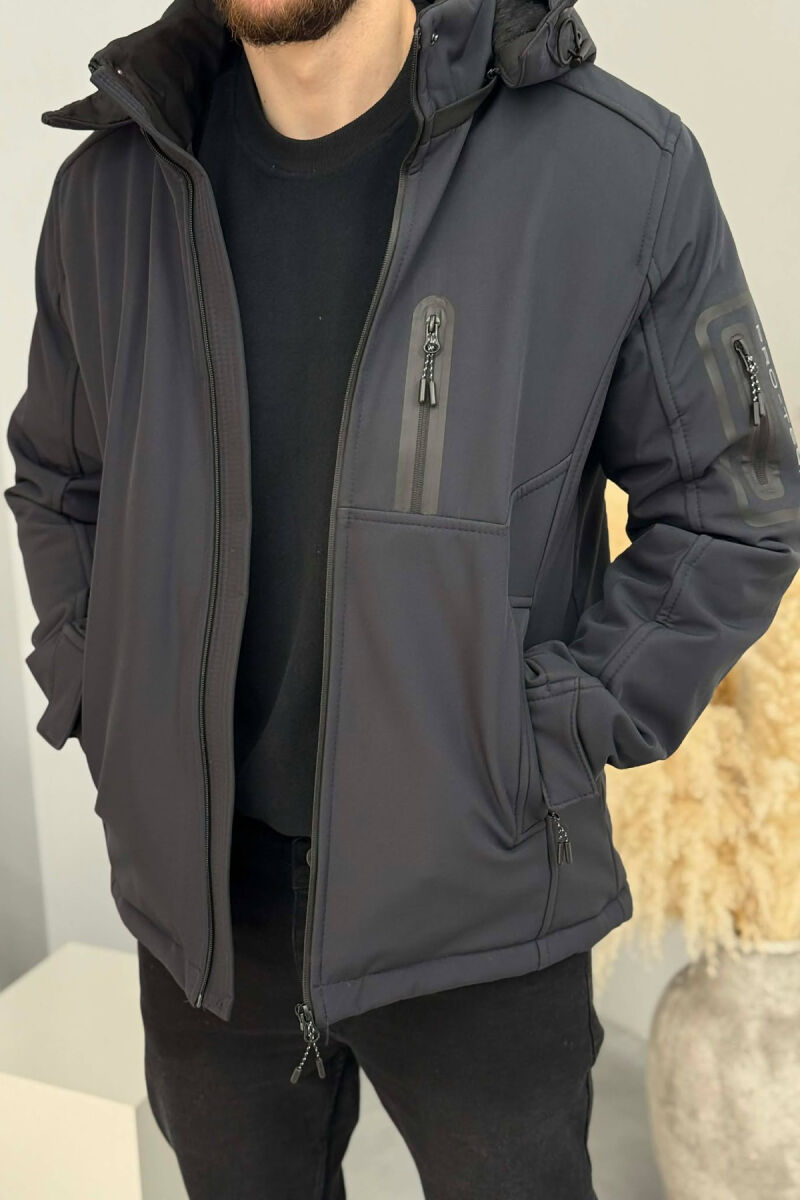 ONE COLOR FLUFFY SIDE POCKET MEN PUFFER JACKET DARK BLUE/BEE - 6