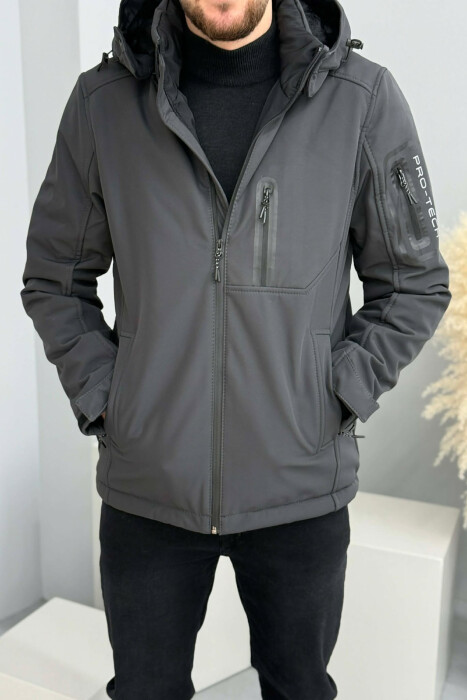 ONE COLOR FLUFFY SIDE POCKET MEN PUFFER JACKET DARK GREY/GEE - KLAUDIO FASHION