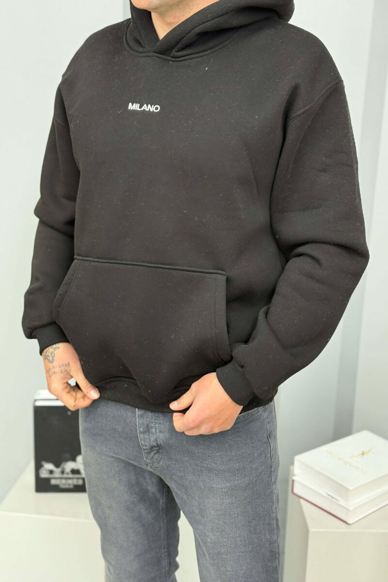 ONE COLOR FLUFFY MILANO WRITTING MEN HOODIE BLACK/ E ZEZE - 2