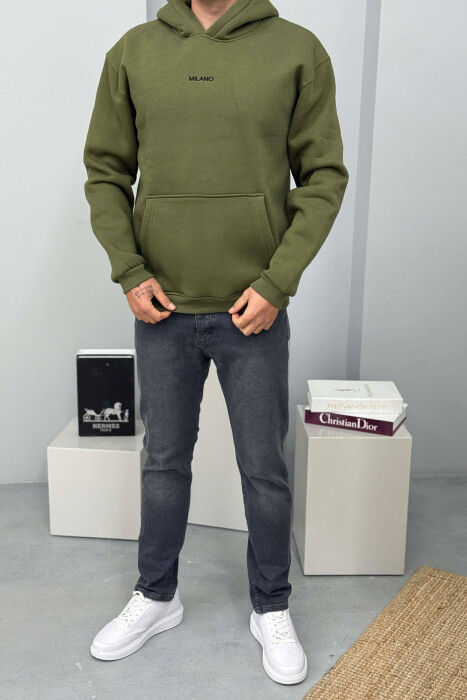 ONE COLOR FLUFFY MILANO WRITTING MEN HOODIE GREEN/JESHILE - 1