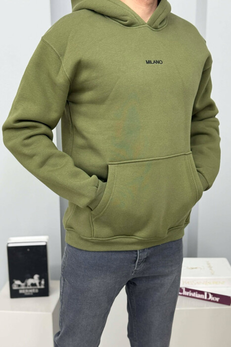 ONE COLOR FLUFFY MILANO WRITTING MEN HOODIE GREEN/JESHILE - 3