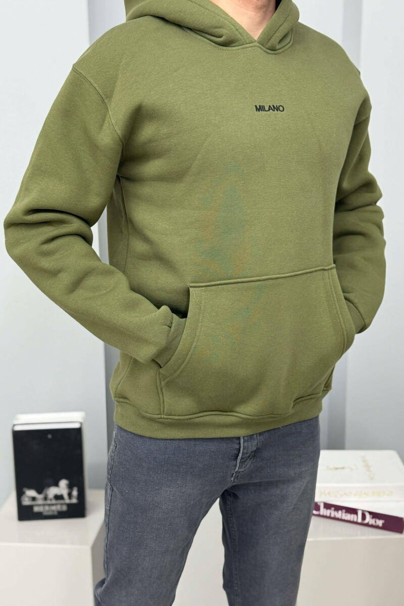 ONE COLOR FLUFFY MILANO WRITTING MEN HOODIE GREEN/JESHILE - 3