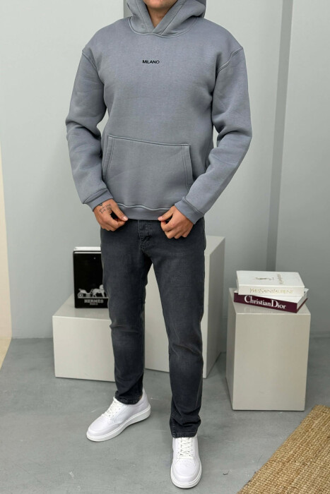 ONE COLOR FLUFFY MILANO WRITTING MEN HOODIE GREY ASH/GRI HIRI 