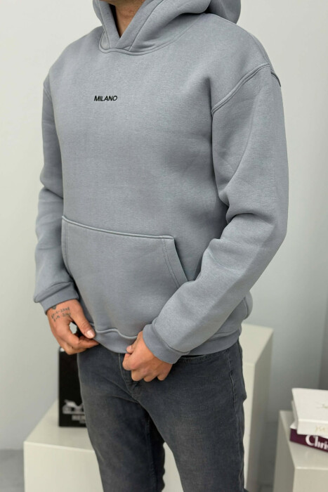 ONE COLOR FLUFFY MILANO WRITTING MEN HOODIE GREY ASH/GRI HIRI - 3