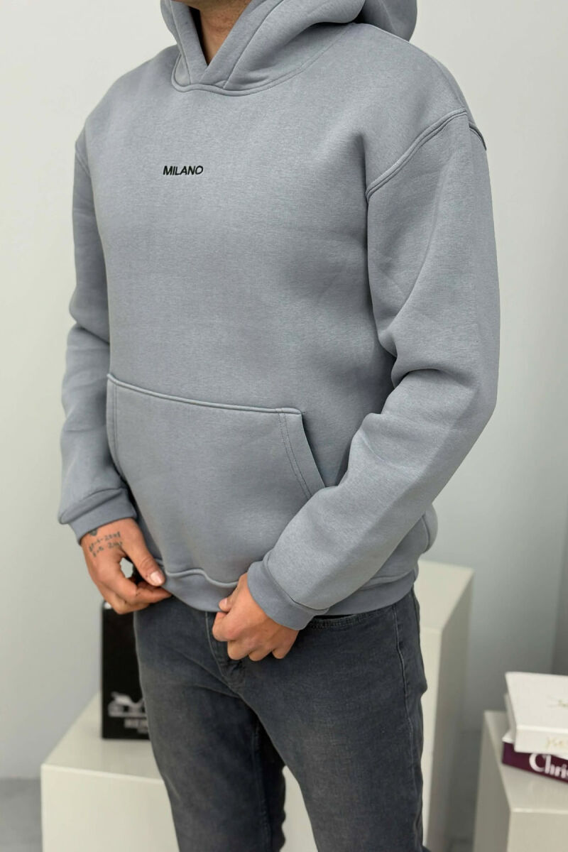 ONE COLOR FLUFFY MILANO WRITTING MEN HOODIE GREY ASH/GRI HIRI - 3