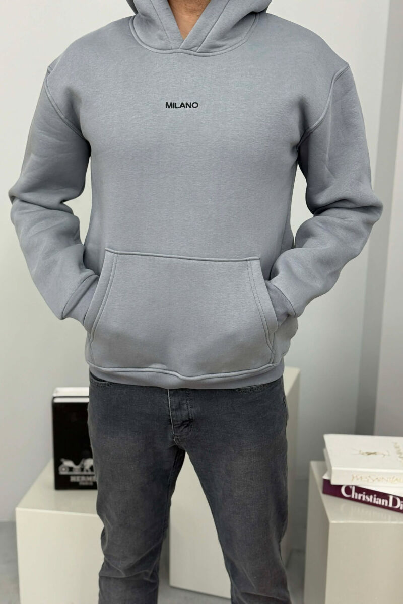 ONE COLOR FLUFFY MILANO WRITTING MEN HOODIE GREY ASH/GRI HIRI - 2