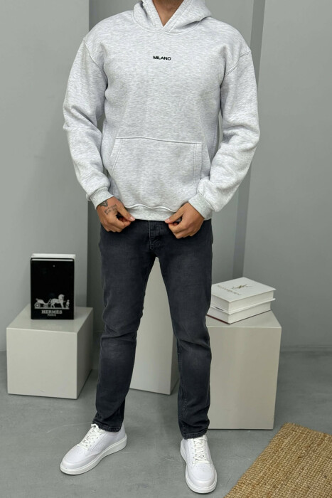 ONE COLOR FLUFFY MILANO WRITTING MEN HOODIE LIGHT GREY/GZ 