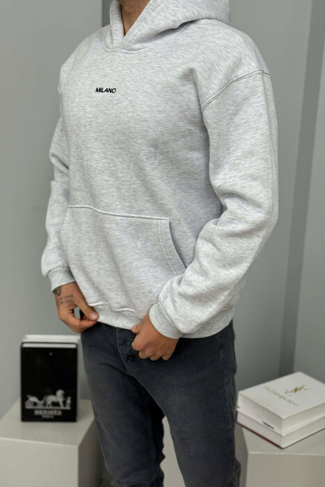 ONE COLOR FLUFFY MILANO WRITTING MEN HOODIE LIGHT GREY/GZ - 3