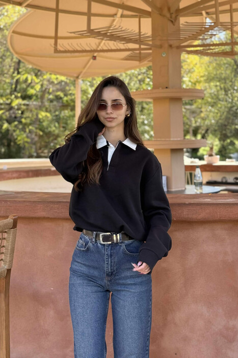 ONE COLOR FLUFFY POLO NECK WOMEN SWEATSHIRT BLACK/ E ZEZE - 2