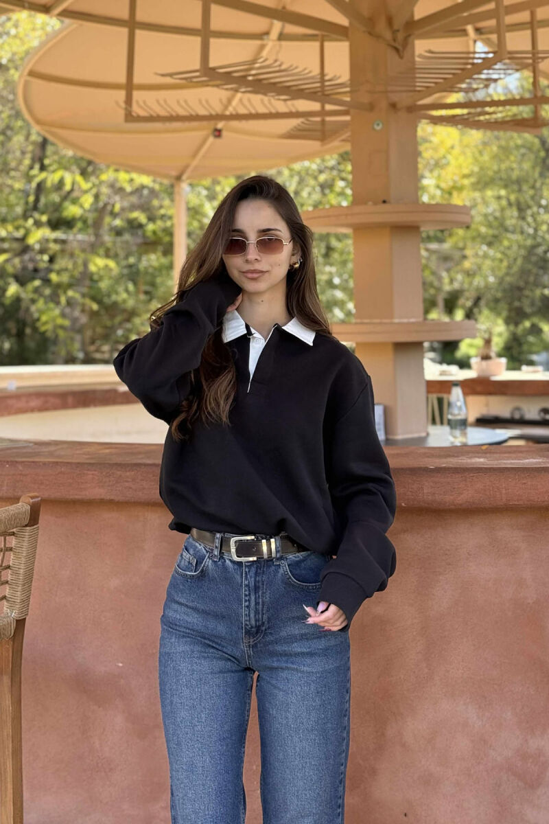 ONE COLOR FLUFFY POLO NECK WOMEN SWEATSHIRT BLACK/ E ZEZE - 2