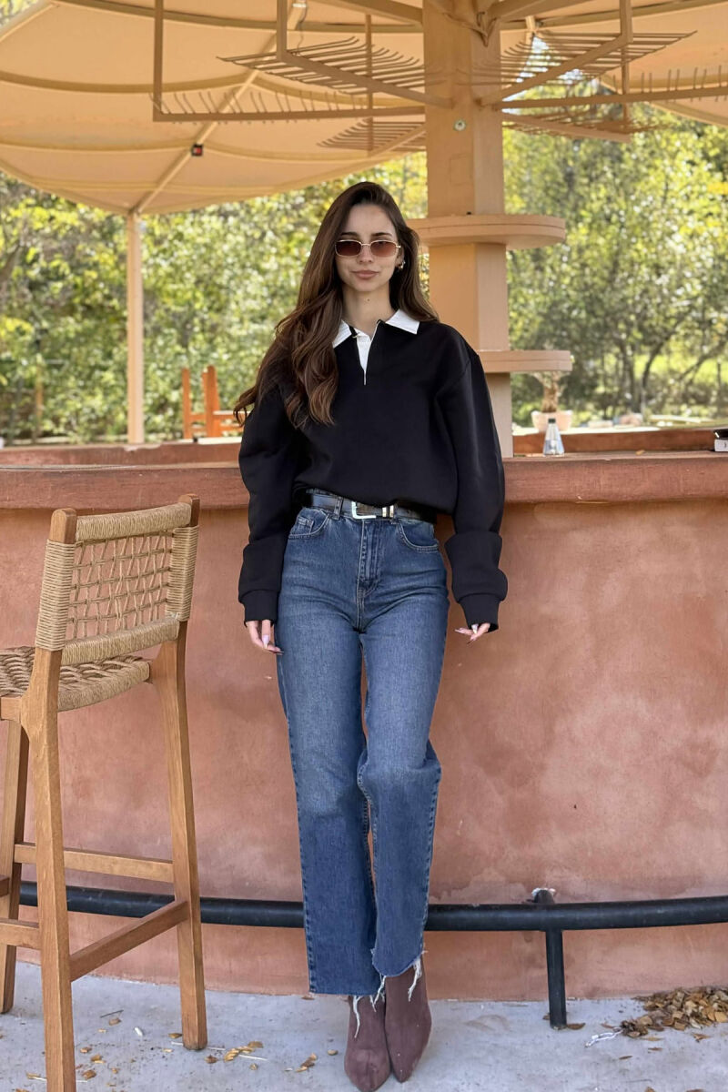 ONE COLOR FLUFFY POLO NECK WOMEN SWEATSHIRT BLACK/ E ZEZE - 6