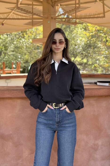 ONE COLOR FLUFFY POLO NECK WOMEN SWEATSHIRT BLACK/ E ZEZE 