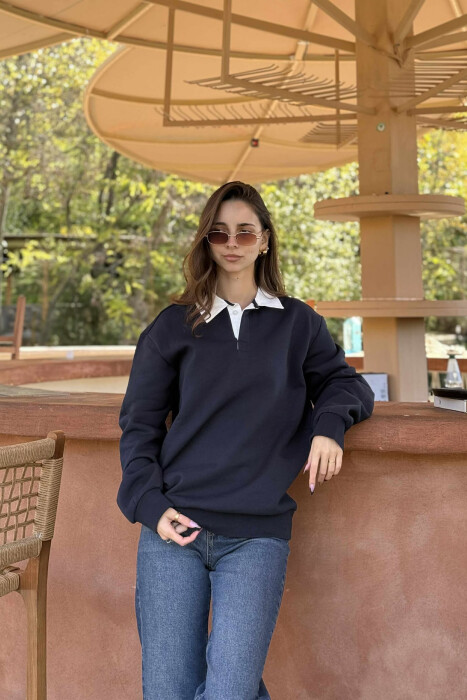ONE COLOR FLUFFY POLO NECK WOMEN SWEATSHIRT BLUE/BLU 