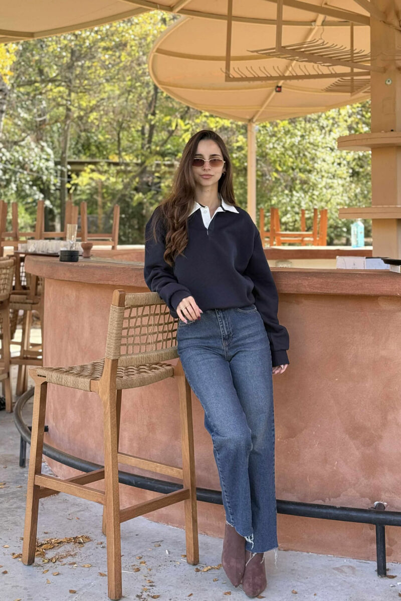 ONE COLOR FLUFFY POLO NECK WOMEN SWEATSHIRT BLUE/BLU - 5