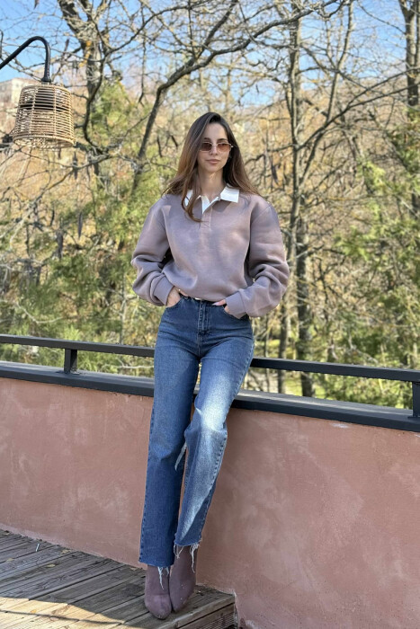 ONE COLOR FLUFFY POLO NECK WOMEN SWEATSHIRT BROWN/KAFE - 1