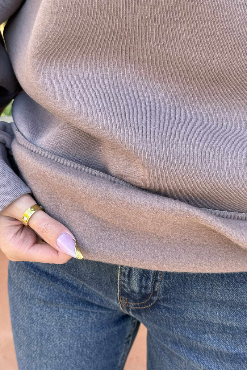 ONE COLOR FLUFFY POLO NECK WOMEN SWEATSHIRT BROWN/KAFE - 4