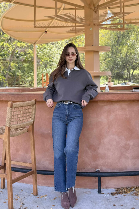 ONE COLOR FLUFFY POLO NECK WOMEN SWEATSHIRT DARK GREY/GEE 