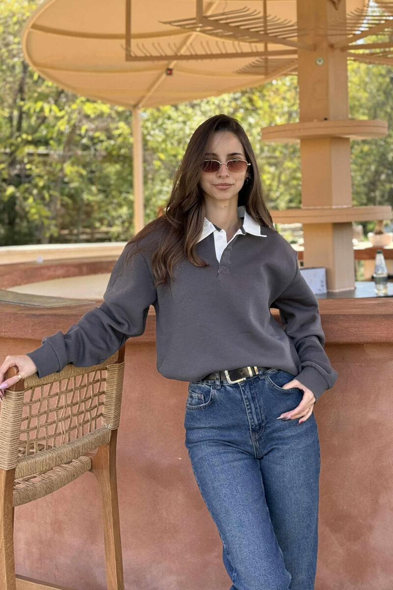 ONE COLOR FLUFFY POLO NECK WOMEN SWEATSHIRT DARK GREY/GEE - 5