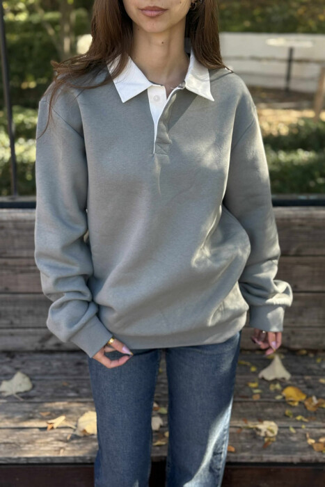 ONE COLOR FLUFFY POLO NECK WOMEN SWEATSHIRT GREY/GRI - 2