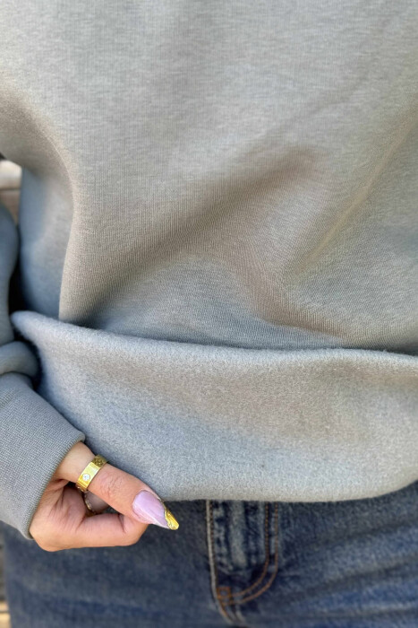 ONE COLOR FLUFFY POLO NECK WOMEN SWEATSHIRT GREY/GRI - 5