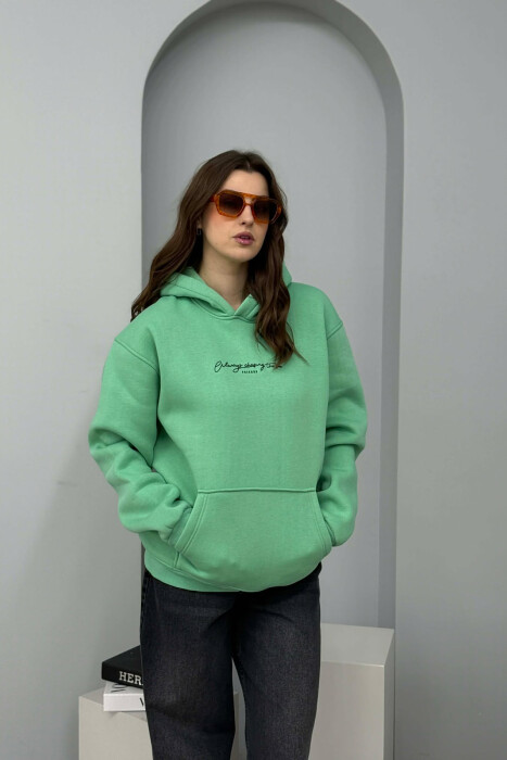 ONE COLOR FLUFFY SIMPLE FRONT WRITTING WOMEN HOODIE MINT/MENTE - 1