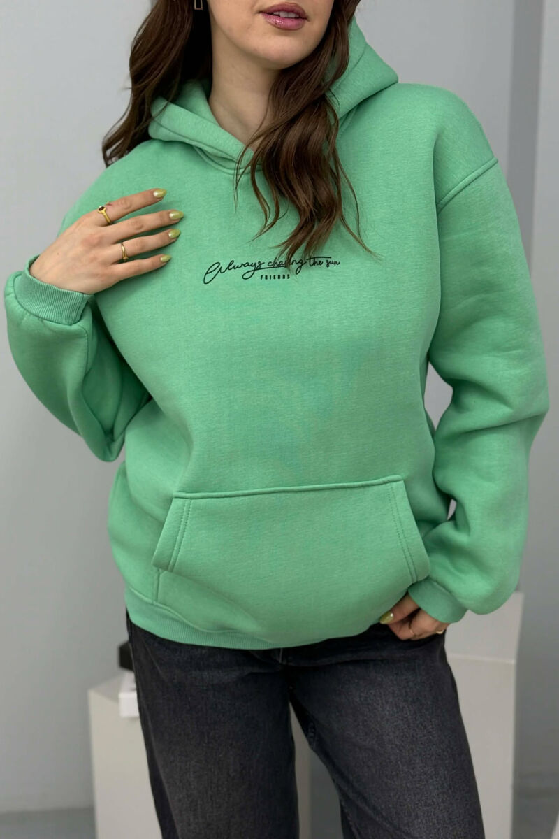 ONE COLOR FLUFFY SIMPLE FRONT WRITTING WOMEN HOODIE MINT/MENTE - 4