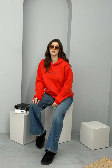 ONE COLOR FLUFFY SIMPLE FRONT WRITTING WOMEN HOODIE RED/E KUQE 