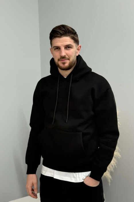 ONE COLOR FLUFFY SIMPLE MEN HOODIE BLACK/ E ZEZE - 3