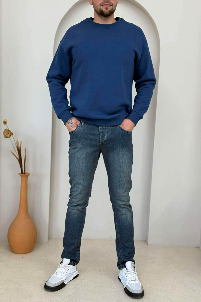ONE COLOR FLUFFY SIMPLE MEN SWEATSHIRT BLUE/BLU - 2