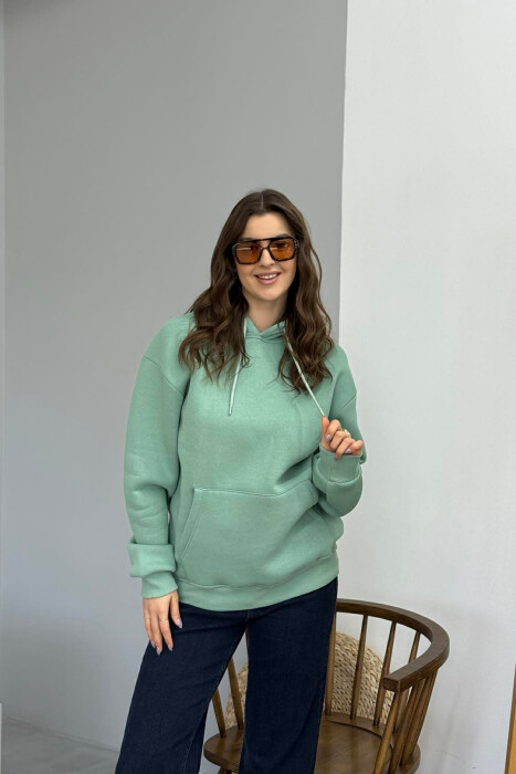 ONE COLOR FLUFFY SIMPLE WOMEN HOODIE DARK MINT/MENTE ERRET - KLAUDIO FASHION