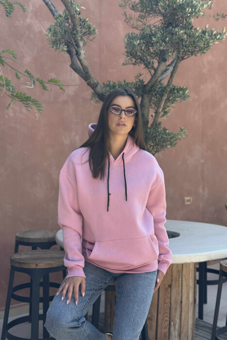 ONE COLOR FLUFFY SIMPLE WOMEN HOODIE PINK/ROZE - KLAUDIO FASHION