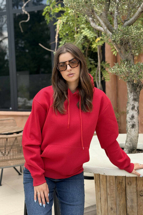 HOODIE E THJESHTË NJË NGJYRËSHE ME PUSH PËR FEMRA NË NGJYRË TË KUQE - KLAUDIO FASHION