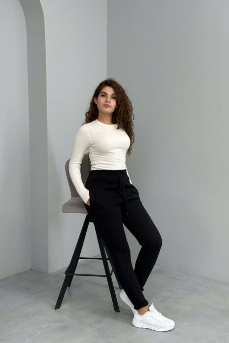 ONE COLOR FLUFFY SIMPLE WOMEN SWEATPANTS BLACK/ E ZEZE - 2