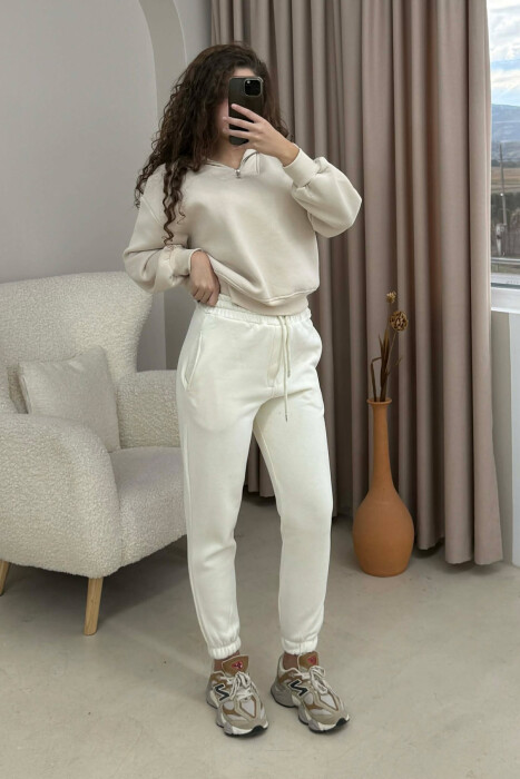 ONE COLOR FLUFFY SIMPLE WOMEN SWEATPANTS CREAM/KREM - 2