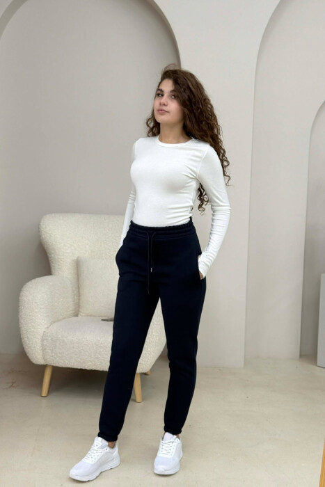 ONE COLOR FLUFFY SIMPLE WOMEN SWEATPANTS DARK BLUE/BEE - 1