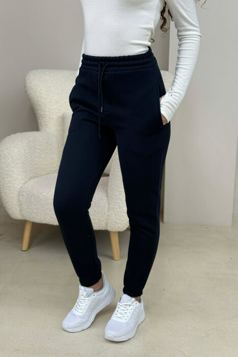ONE COLOR FLUFFY SIMPLE WOMEN SWEATPANTS DARK BLUE/BEE - 3