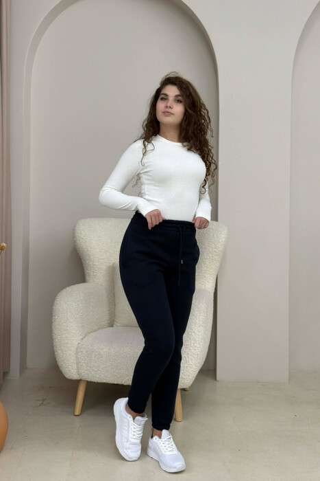 ONE COLOR FLUFFY SIMPLE WOMEN SWEATPANTS DARK BLUE/BEE - 2