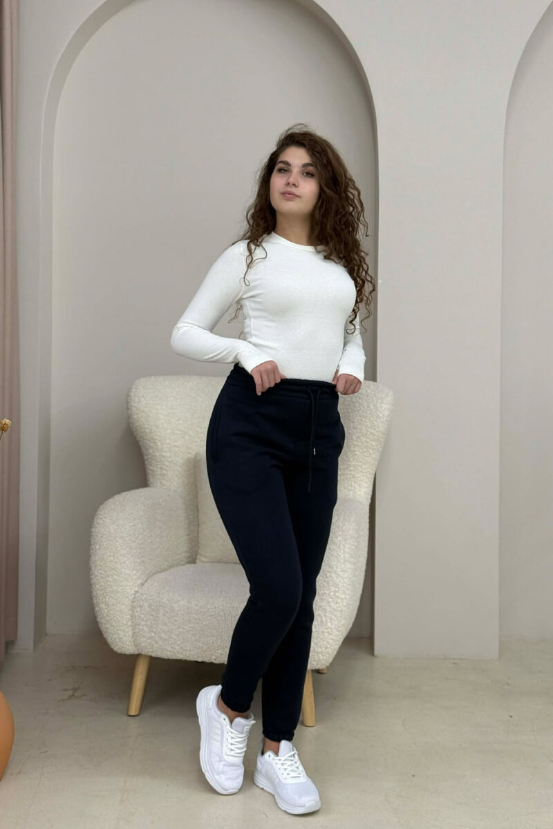 ONE COLOR FLUFFY SIMPLE WOMEN SWEATPANTS DARK BLUE/BEE - 2
