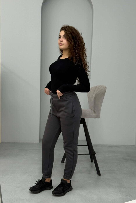 ONE COLOR FLUFFY SIMPLE WOMEN SWEATPANTS DARK GREY/GEE - 2