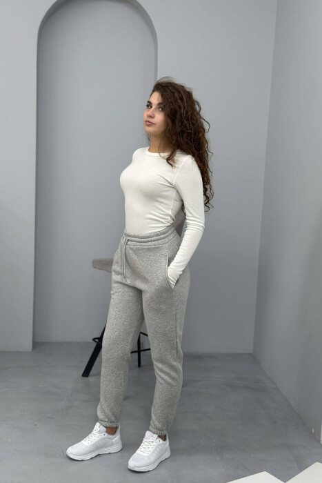 ONE COLOR FLUFFY SIMPLE WOMEN SWEATPANTS LIGHT GREY/GZ - 2