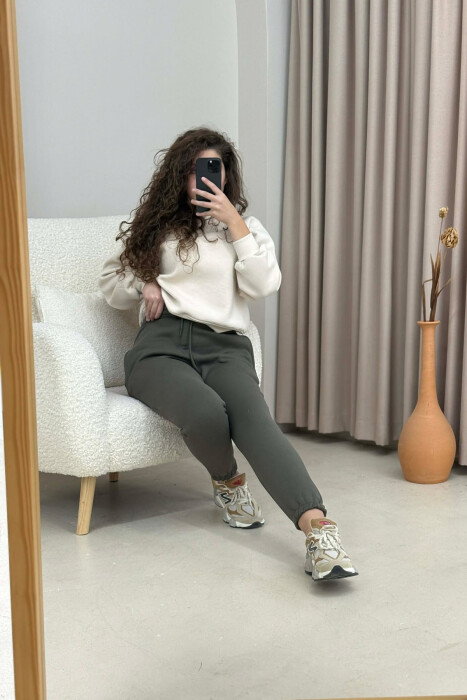 ONE COLOR FLUFFY SIMPLE WOMEN SWEATPANTS OLIVE/ULLI - 3